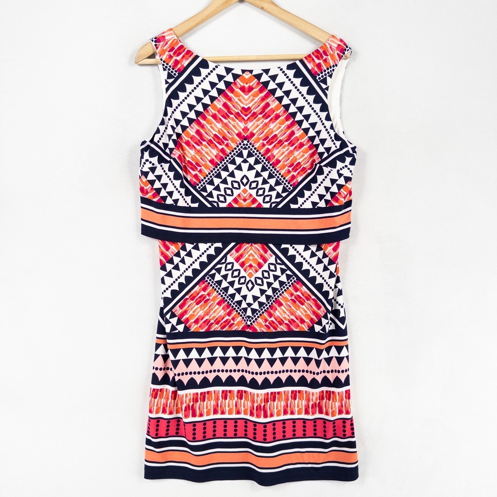 Vince Camuto Dress 8 Stretch Knit Sheath Multicolor Geometric Sleeveless Tiered